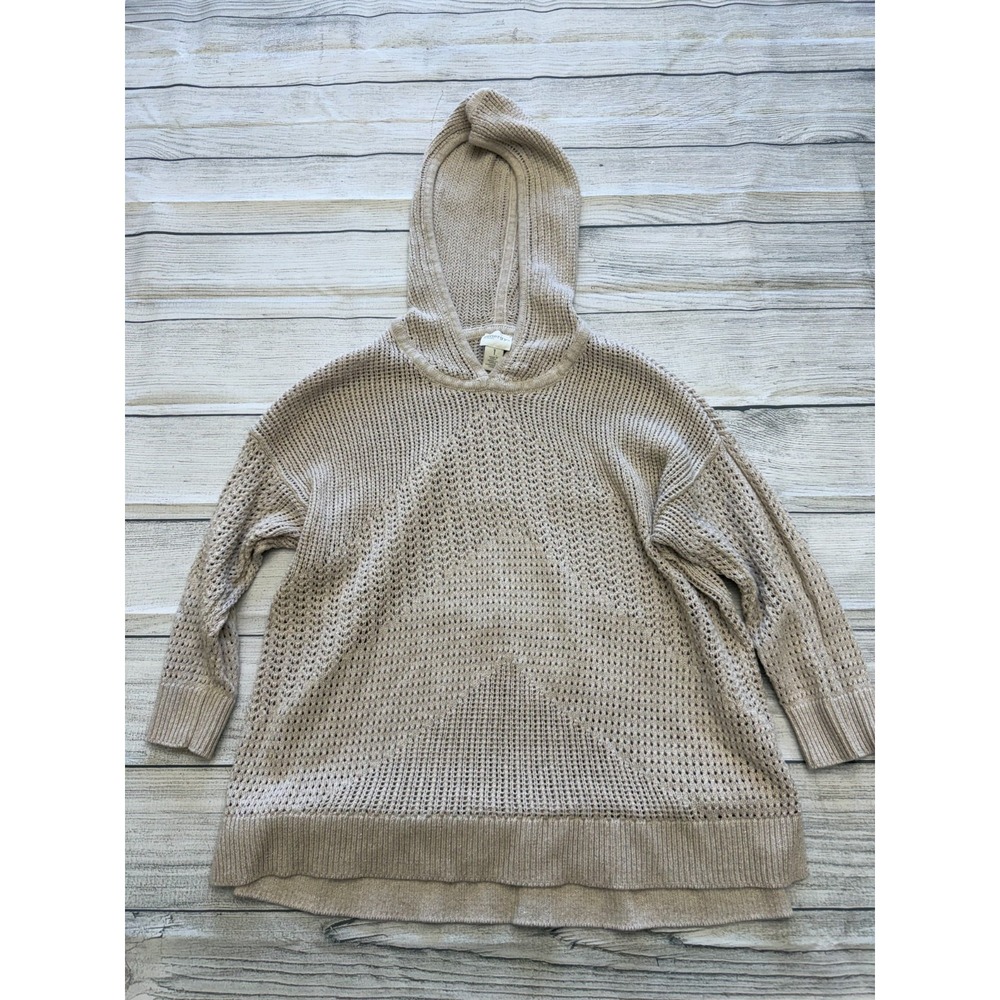 Chico's Zenergy Hooded Sweater Womens M Taupe Cotton Open Knit Tunic